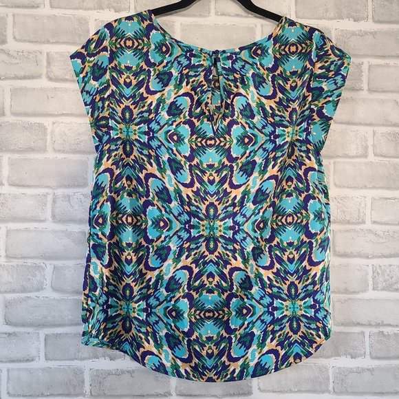 Maison D Amelie Paris Anthropolgie Short Sleeve Blouse Peacock Colors Graphic Sm - Picture 4 of 8